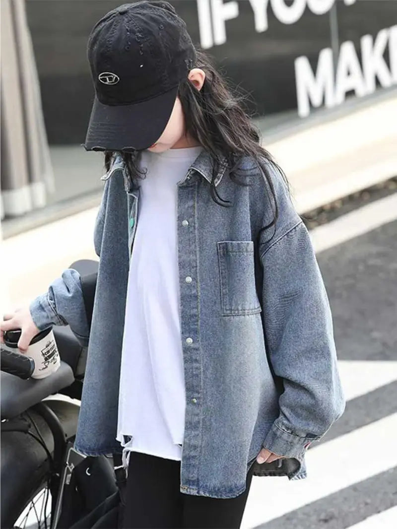 Girls' Lightweight Non-Stretch Faux Denim Shirt - Button-Front Jacket with Long