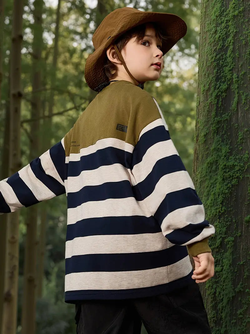 Outdoor Striped Long-Sleeve Knit T-Shirt for Boys, Perfect for Autumn