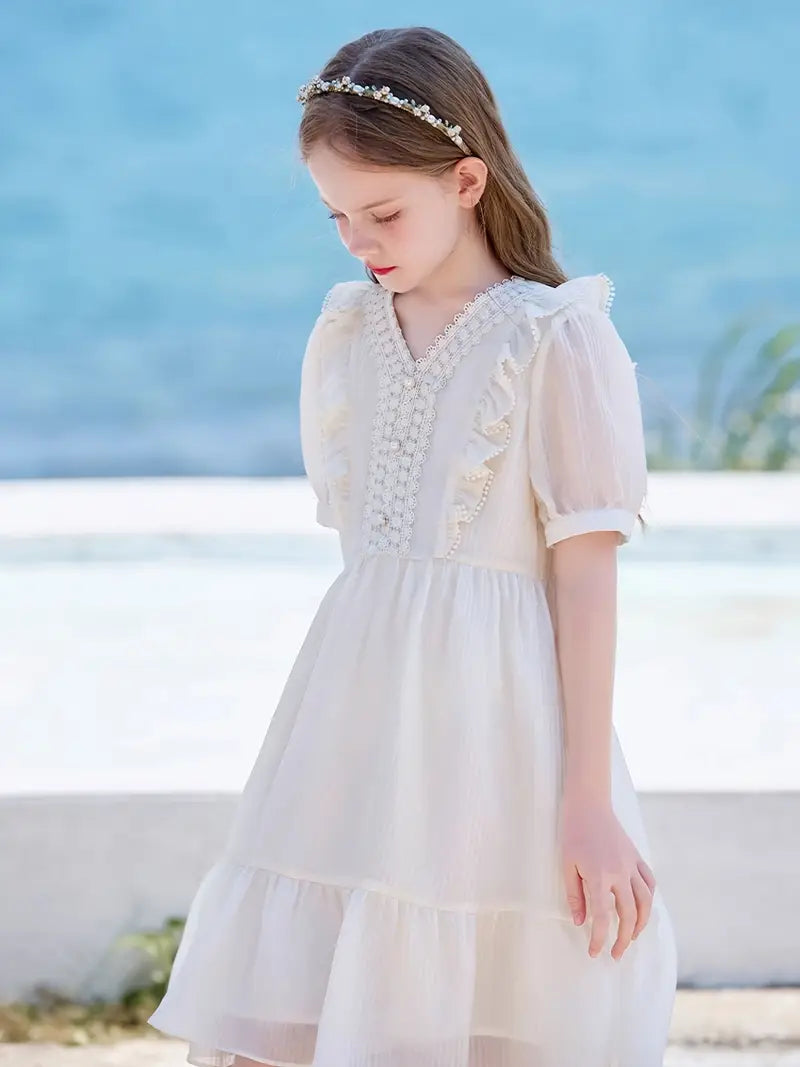 Lightweight Chiffon Girls' Dress | Ruffled Hem, V-Neck, Short Sleeve, Cinched